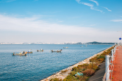仁川的城市景观和海上渔船从西华潮堤在韩国
