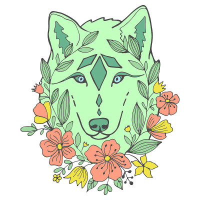 狼和花的线条艺术。丰富多彩的动物肖像。矢量插图。