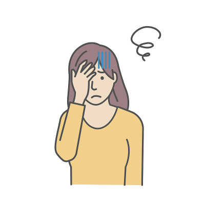 一个年轻女人挤压头部的矢量图(哦，我的天，头痛)