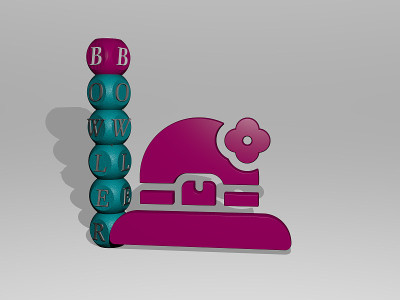 垂直的BOWLER的3D图形图像，以及由金属立方体字母从顶部的角度围绕图标构建的文本。非常适合概念演