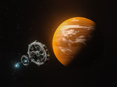 监视和研究太阳系外未知行星的卫星。美丽的抽象插图，行星在太空和闪亮的星星。有活火山的未知行星。库存图