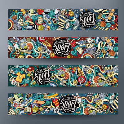 Cartoon vector hand drawn doodles Sport banners