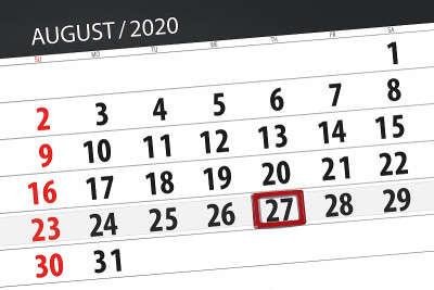 日历计划2020年8月，截止日期，27日，周四