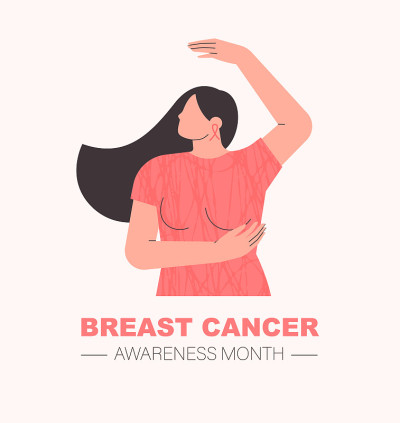 乳腺癌宣传月。年轻美丽的女人正在进行乳房自我检查。女性健康。癌症预防运动的海报或横幅。