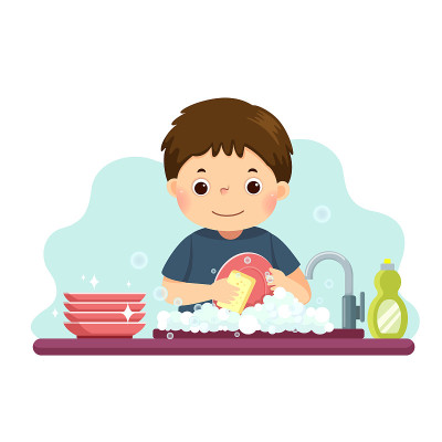 矢量插图卡通的一个小男孩在厨房洗盘子。孩子在家做家务的概念。