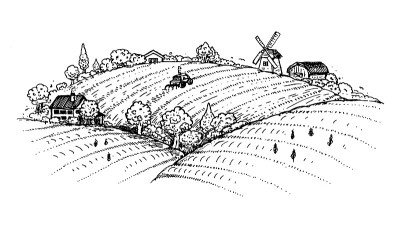 乡村景观田野和丘陵手绘插图。画素描。矢量插图。