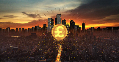 黄金英国英镑货币象征闪耀在城市之上。经营理念。