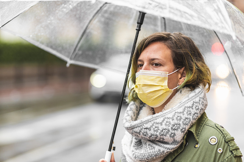 一名西班牙妇女带着雨伞和防护面具走在西班牙卡斯特隆市的街道上