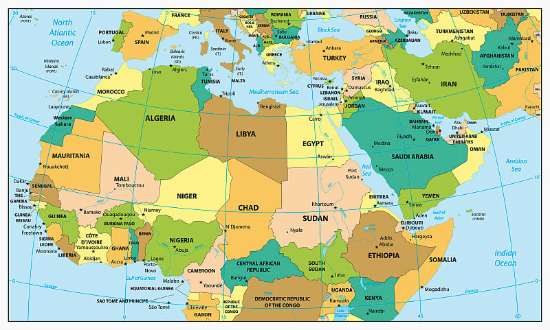 北非和中部非常详细的政治地图