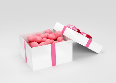 打开的礼品盒与粉色心形软糖，3D渲染