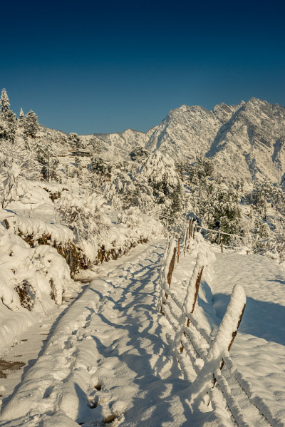 雪山覆盖的道路-雄伟的冬季景观在喜马拉雅山