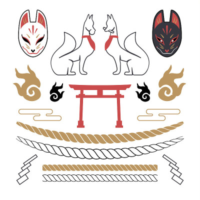日本传统稻狐神社的图标和装饰品