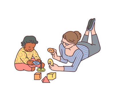 保姆或保姆与孩子玩耍，素描矢量插图孤立。