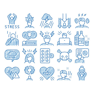 压力和抑郁图标手绘插图