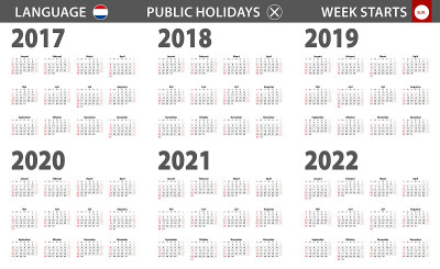 荷兰语2017-2022年日历，周日开始一周。