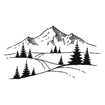 手绘矢量图的山景观与松树。