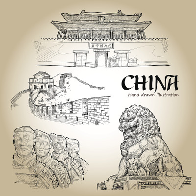 中国手绘。旅行的概念。图标集。矢量图