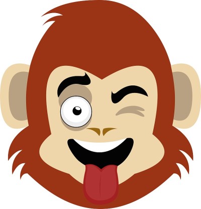 矢量emoticon插图卡通猴的头与快乐的表情，眨眼和伸出他的舌头与他的嘴张开