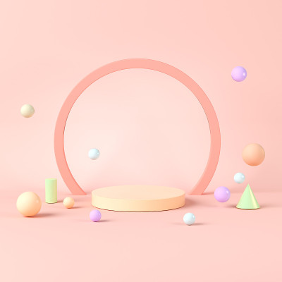 舞台和几何与橙色背景，3d渲染。