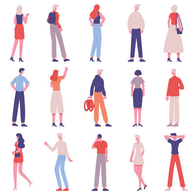 人们的观点。男女人物从后面一起站在孤立矢量插图设置。从背后看大人