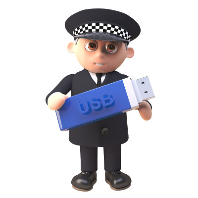 3d警察警察角色在制服持有u盘记忆棒的数据备份，3d插图