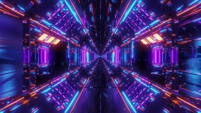 高反射发光的科幻隧道走廊与未来的灯光和反射3d插图背景墙纸
