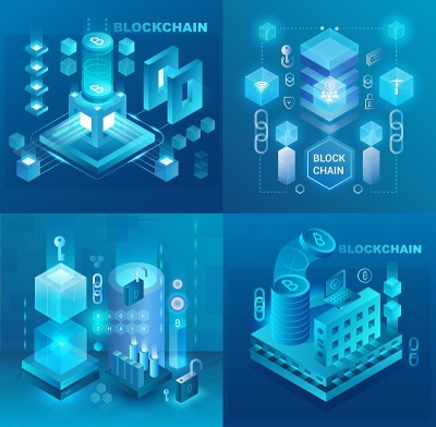 数据中心、加密货币和区块链技术市场等距矢量插图集。
