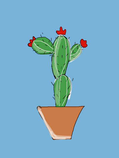 形象简单的卡通仙人掌画的仙人掌屋植物艺术作品素描与红色的鲜花生长在赤陶花盆，牛仔仙人掌矢量插图标志与