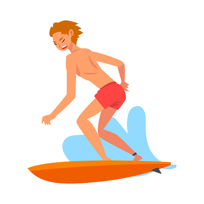 Guy Riding Waves，男性冲浪者性格与冲浪板，休闲海滩水运动矢量插图