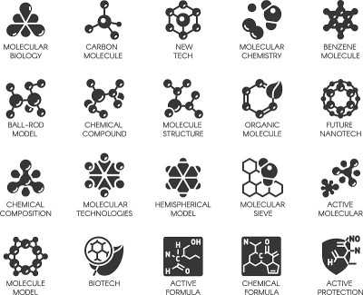 完美的20个图标在平面风格的科学，化学，物理，医疗，教育项目。向量抽象黑色标志孤立