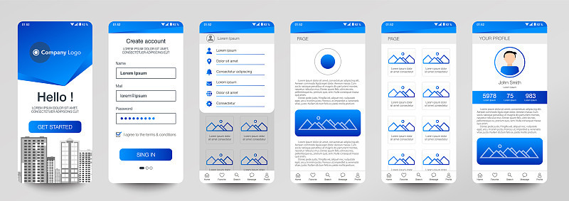手机应用、UI、UX、GUI设计。设置用户注册屏幕与登录和密码输入，帐户登录，注册，主页。现代风格。