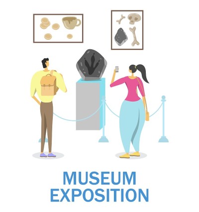 历史博物馆展览，矢量插图。观赏灭绝动物足迹，人类骨骼，古代陶器。