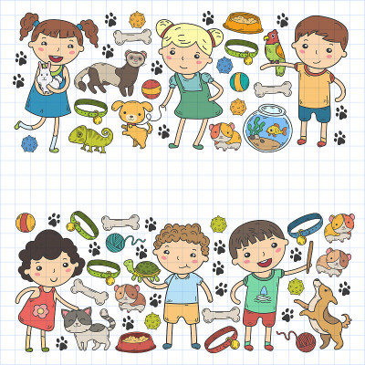 儿童动物园宠物商店兽医幼儿园的孩子与狗，仓鼠，猫动物和食物和配件