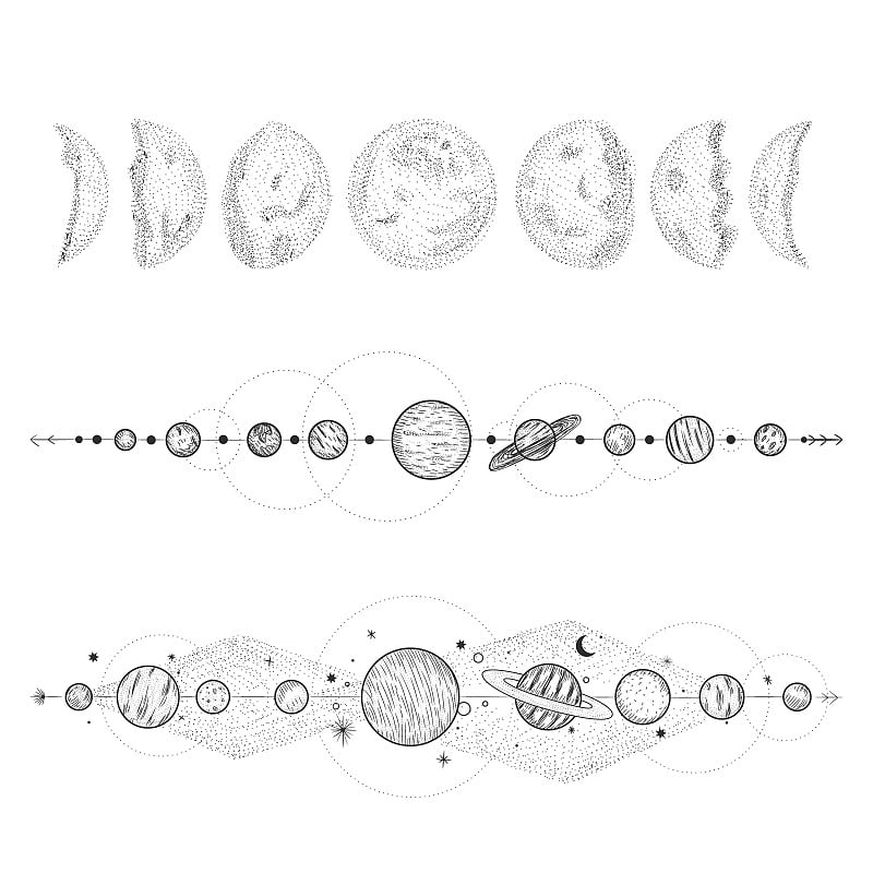 矢量插图的月相。不同阶段的月光活动在复古雕刻风格。星座