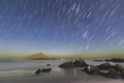 在阿塔卡马沙漠海岸地区的银河星迹夜景。在Pan de Azucar国家公园的“Playa Blanc