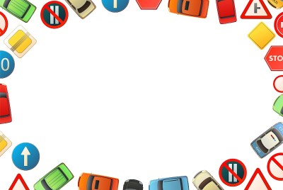 道路标志水平边界。汽车交通背景。指定和限制。从上面俯视。卡通搞笑风格。平面设计。孤立在白色的。说明向