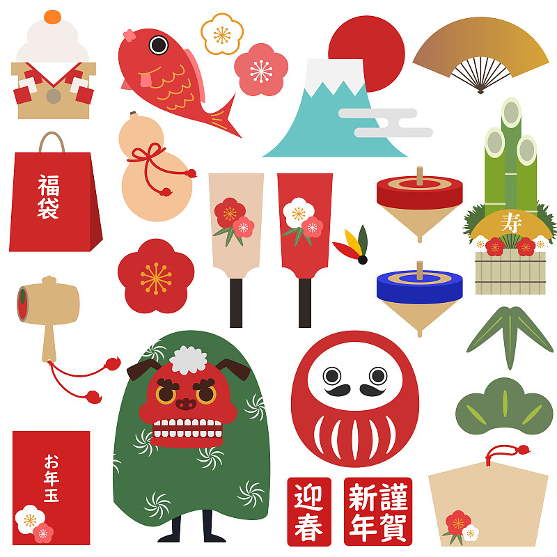 日本新年插画套装(寓意“新年快乐”、“迎春”、“幸运包”、“新年礼物”)