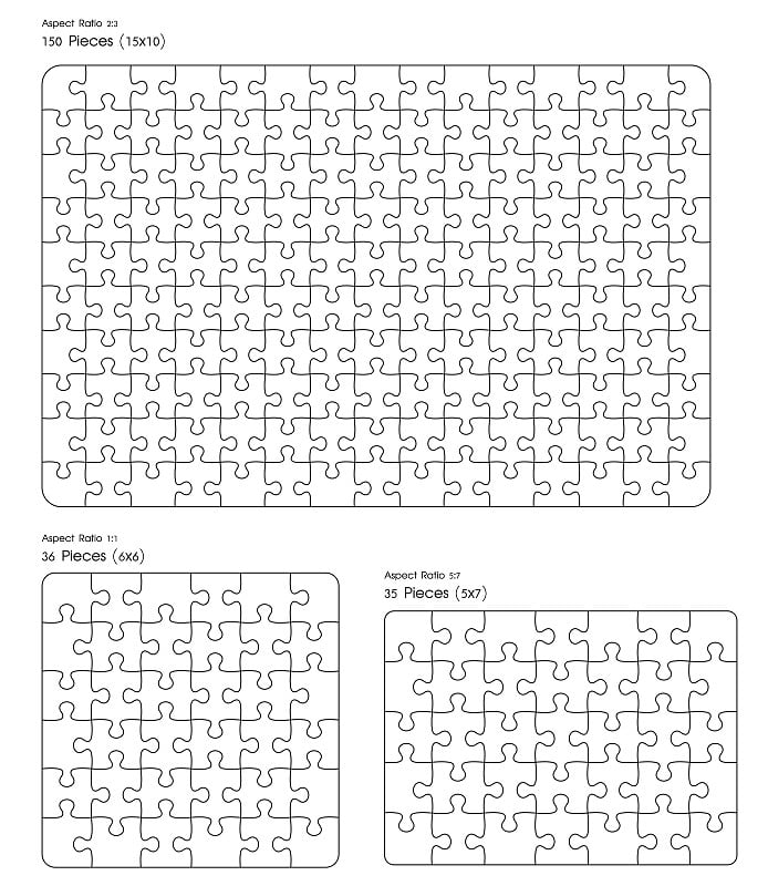 拼图模型大小为15x10, 6x6, 5x7，游戏中的重叠拼图图像每张图片。