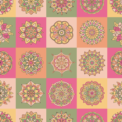 Abstract tile pattern with hand-drawn mandalas