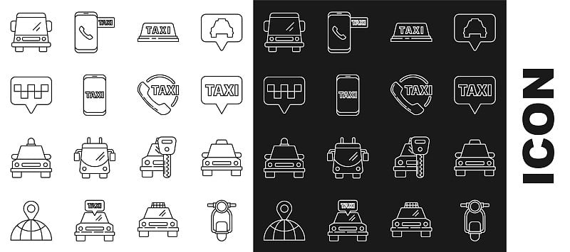 设有代步车、出租车、地图指针、出租车、车顶、电话服务、汽车等图标。向量
