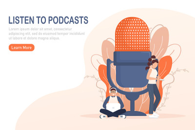Live webcast in flat style with people. Listen to 