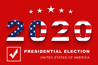 美国2020年总统大选美国人投票，横横幅设计在红色背景上。插图。