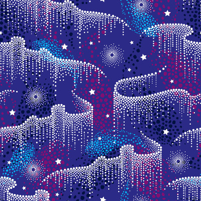 矢量无缝模式与白色虚线漩涡北极光或北极光和星星的背景在深蓝色和粉红色。