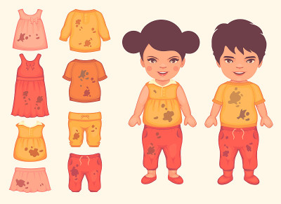 孩子们穿着脏兮兮的衣服，矢量插图