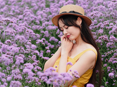 美丽的女人穿着黄色的衣服和草帽摆姿势在紫色的马鞭草花田，迷人的中国女孩与黑色的长发享受她的闲暇时间在