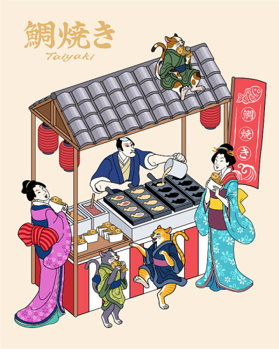 人们参观taiyaki街头小贩