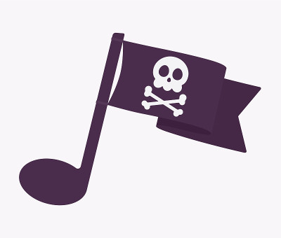 音乐盗版图标，带有海盗旗的音乐音符符号
