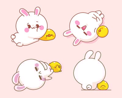 一套可爱的兔子与鸭子卡通插图