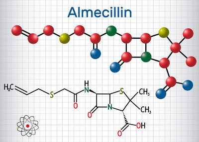 Almecillin(青霉素O)药物分子。它是-内酰胺抗生素。结构化学式和分子模型。笼子里的一张纸