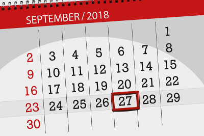 日历计划的月，截止日的一周，2018年9月27日，星期四